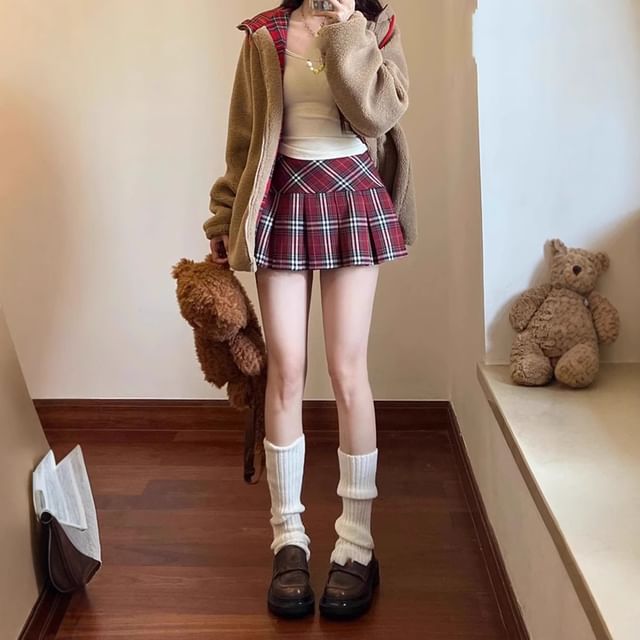 Plaid Mini Pleated Skirt High Waist