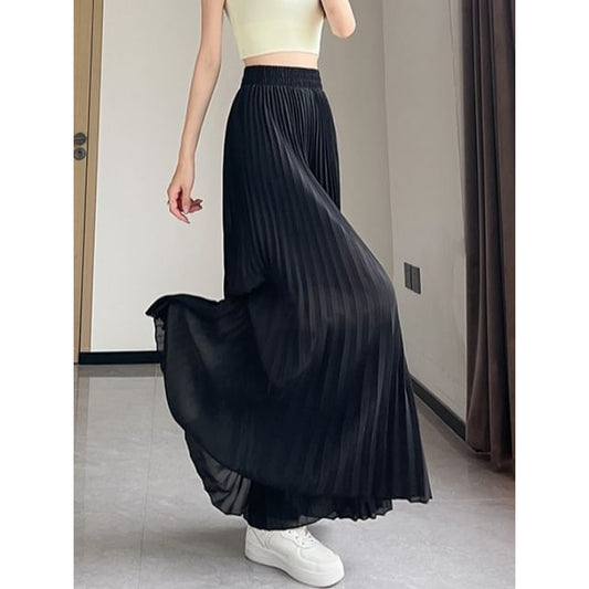 High Waist Pleated Maxi A-Line Skirt Plain
