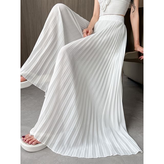 High Waist Pleated Maxi A-Line Skirt Plain