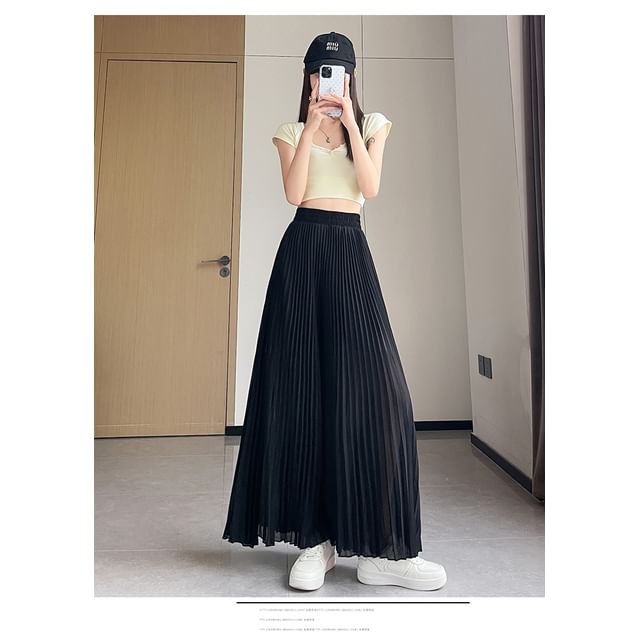 High Waist Pleated Maxi A-Line Skirt Plain