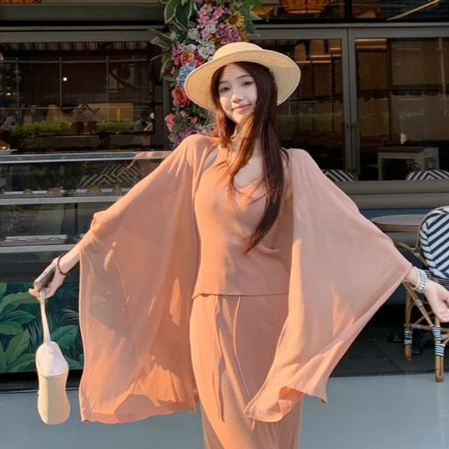 Halter Ribbed Knit Top & Drawstring Maxi A-Line Skirt & Cardigan