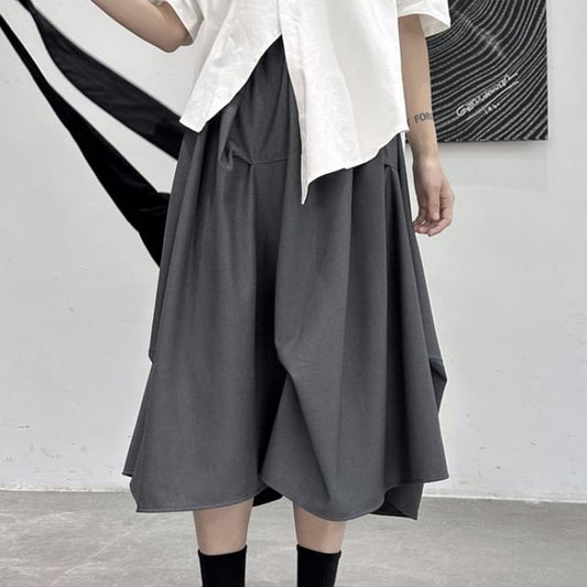 High Waist Asymmetrical Midi A-Line Skirt Plain