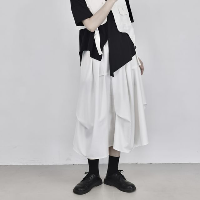High Waist Asymmetrical Midi A-Line Skirt Plain