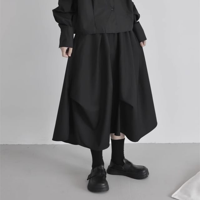 High Waist Asymmetrical Midi A-Line Skirt Plain