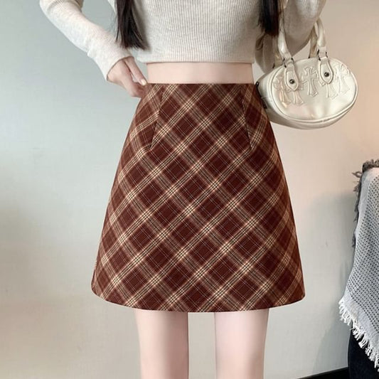 High Waist Plaid A-Line Mini Skirt