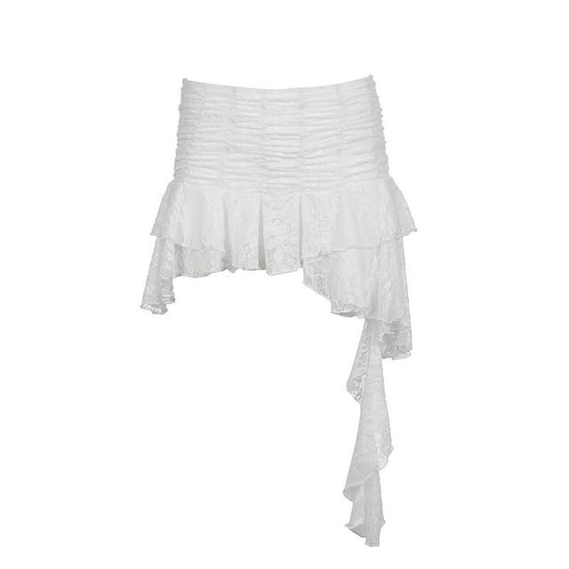 Low Rise Asymmetrical Ruffled Lace Mini A-Line Skirt