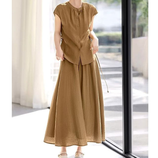 Cap-Sleeve Stand Collar Plain Blouse & High Waist A-Line Midi Skirt