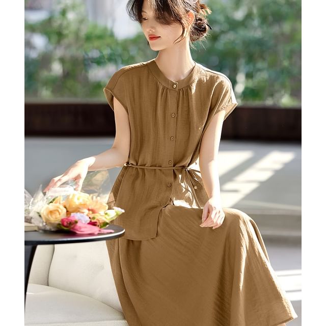 Cap-Sleeve Stand Collar Plain Blouse & High Waist A-Line Midi Skirt