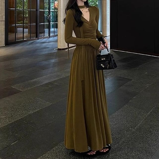 Long-Sleeve V-Neck Plain Maxi A-Line Dress
