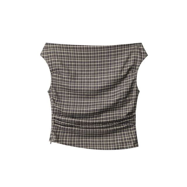 Plaid Off-Shoulder Ruched Top, Short-Sleeved