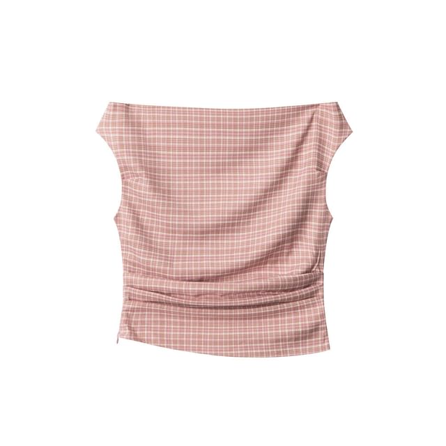 Plaid Off-Shoulder Ruched Top, Short-Sleeved