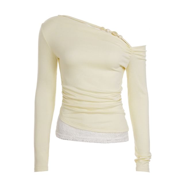 Beaded Lace-Paneled Off-Shoulder Slim Long-Sleeved Top