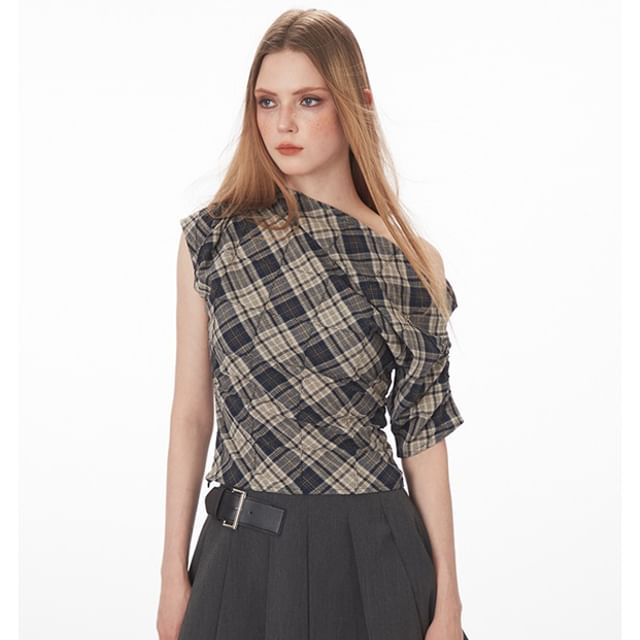 Plaid Off-Shoulder Ruched Tee, Short-Sleeved