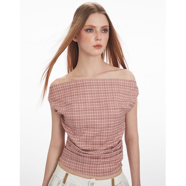 Plaid Off-Shoulder Ruched Top, Short-Sleeved