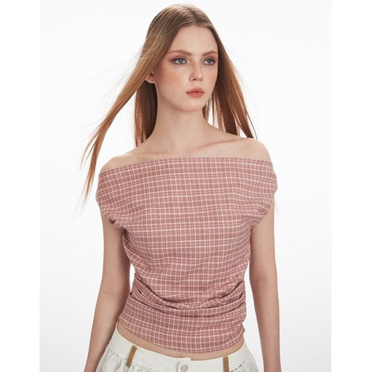 Plaid Off-Shoulder Ruched Top, Short-Sleeved