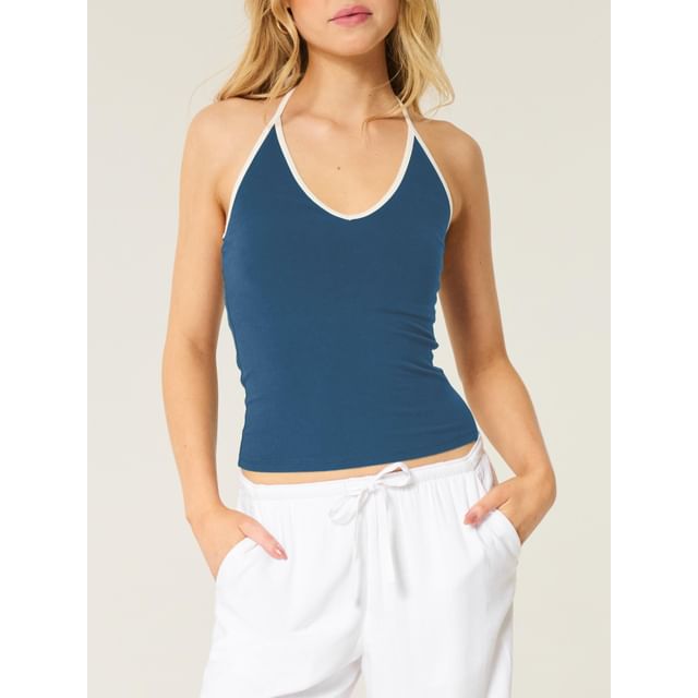 Contrast-Trimmed Halter V-Neck Fitted Cami Top