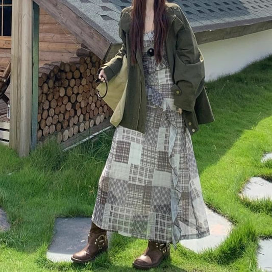 Sleeveless V-Neck Plaid Maxi A-Line Dress / Hooded Utility Jacket