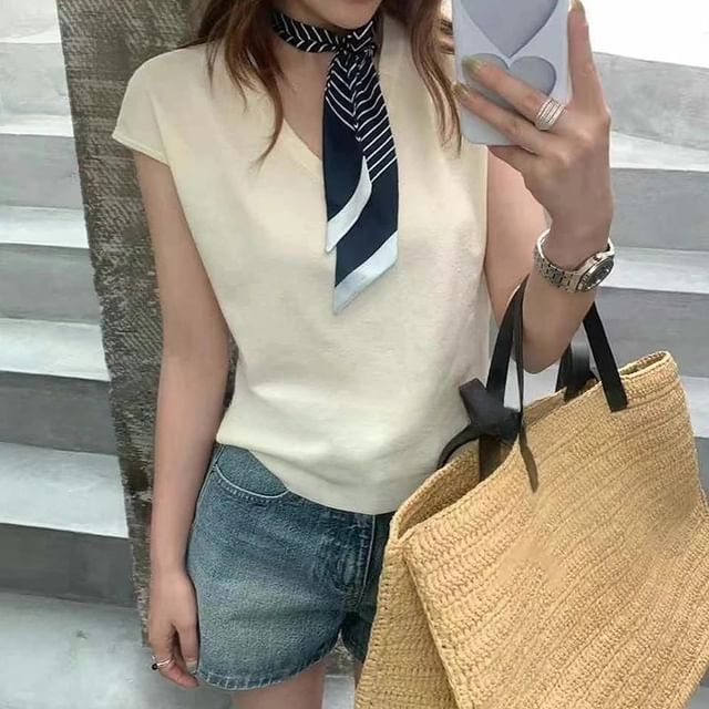 Plain Knit V-Neck Cap-Sleeved Tank with Striped Necktie