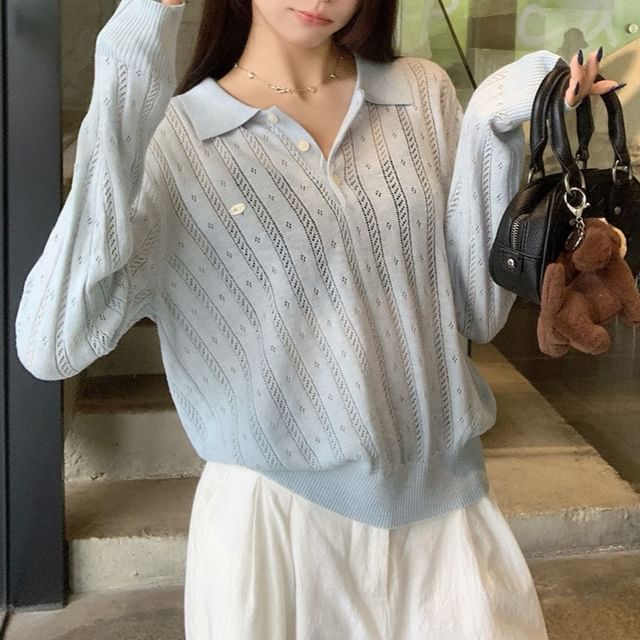 Plain Pointelle Knit Long-Sleeved Polo Top