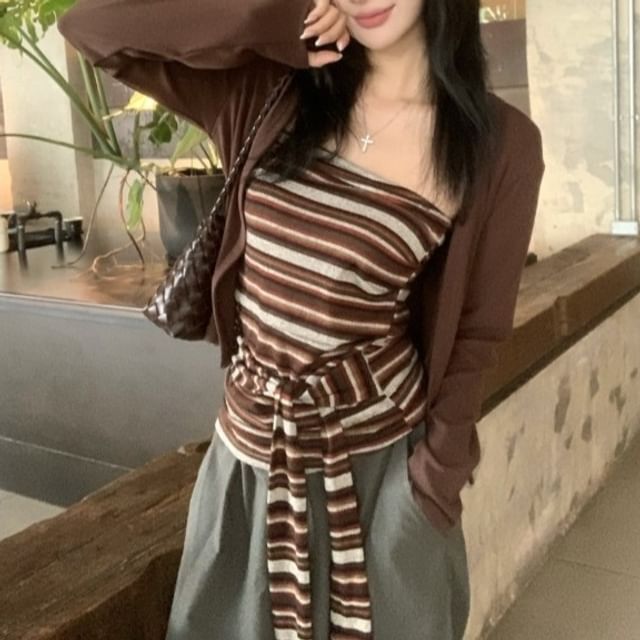 Striped Tie-Up Tube Top and Plain Cardigan Set