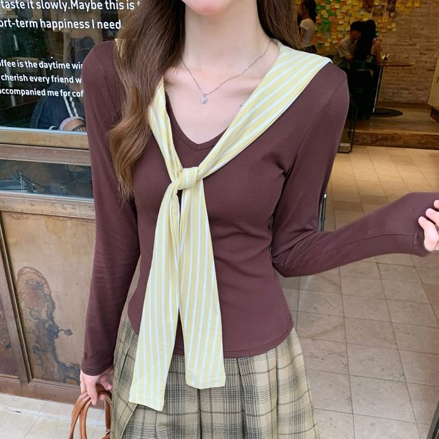 Striped Tie-Neck Long-Sleeved Tie-Up Paneled Top