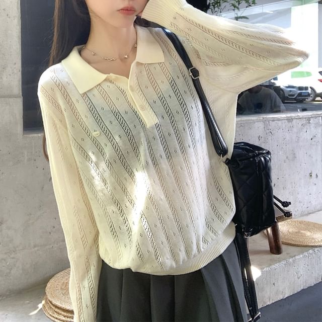 Plain Pointelle Knit Long-Sleeved Polo Top