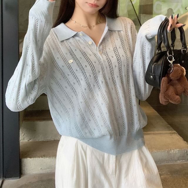 Plain Pointelle Knit Long-Sleeved Polo Top