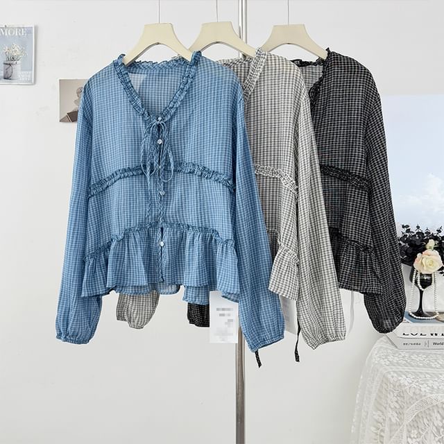 Plaid Ruffled-Trim Loose-Fit V-Neck Blouse, Long-Sleeved