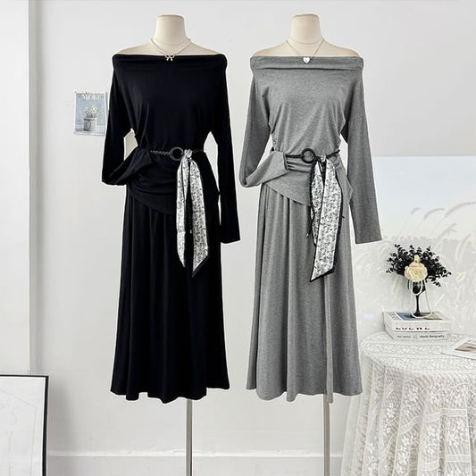 Plain Loose-Fit Off-Shoulder Tee & High-Rise Maxi Skirt Set, Long-Sleeved