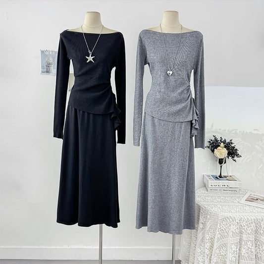 Plain Ruched Off-Shoulder Knit Top & Maxi Skirt Set, Long-Sleeved