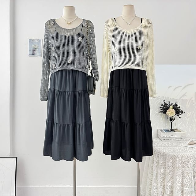 Plain Loose-Fit Maxi Dress & Crochet Knit Top Set, Spaghetti-Strap Long-Sleeved