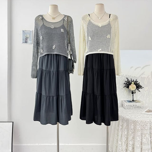 Plain Loose-Fit Maxi Dress & Crochet Knit Top Set, Spaghetti-Strap Long-Sleeved