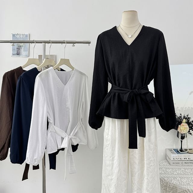 Plain Tie-Waist V-Neck Blouse, Long-Sleeved