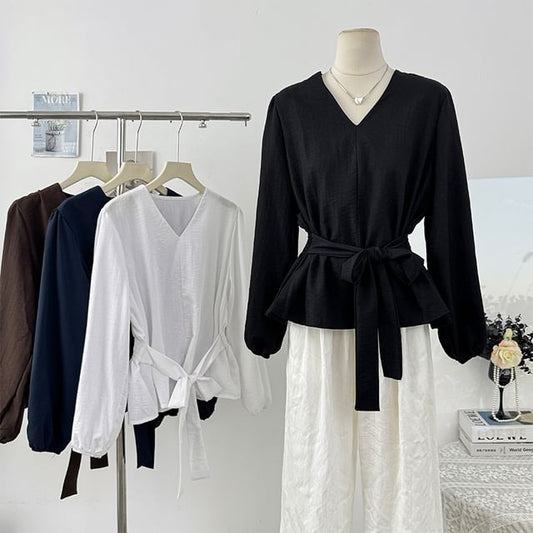 Plain Tie-Waist V-Neck Blouse, Long-Sleeved