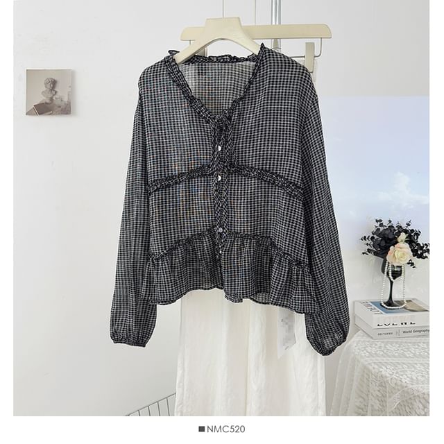 Plaid Ruffled-Trim Loose-Fit V-Neck Blouse, Long-Sleeved