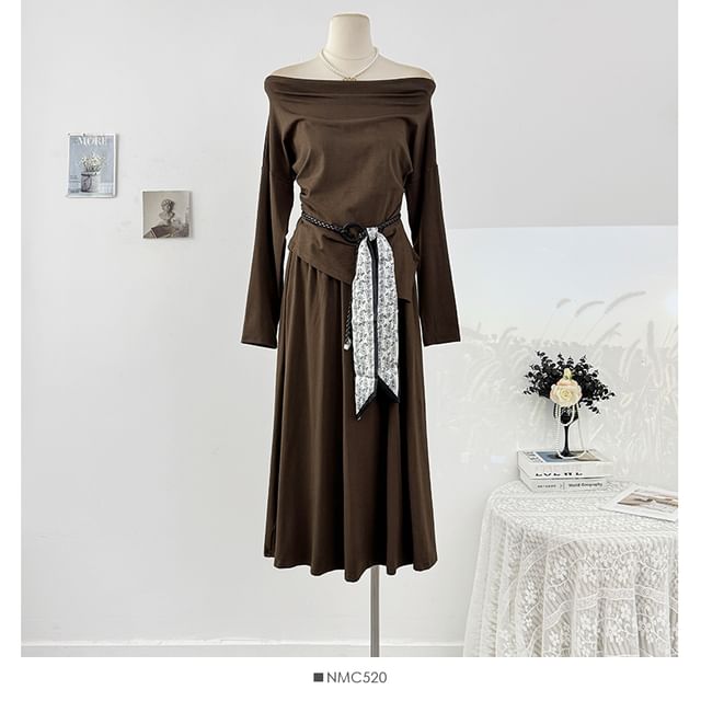 Plain Loose-Fit Off-Shoulder Tee & High-Rise Maxi Skirt Set, Long-Sleeved