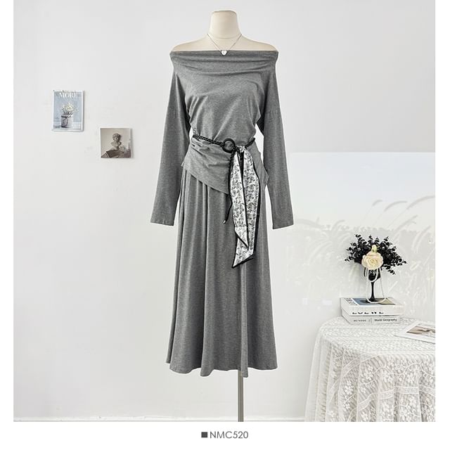 Plain Loose-Fit Off-Shoulder Tee & High-Rise Maxi Skirt Set, Long-Sleeved