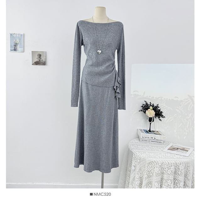 Plain Ruched Off-Shoulder Knit Top & Maxi Skirt Set, Long-Sleeved