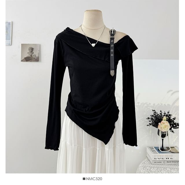 Plain Ruffled-Trim Cold-Shoulder Asymmetric Slim Top, Long-Sleeved