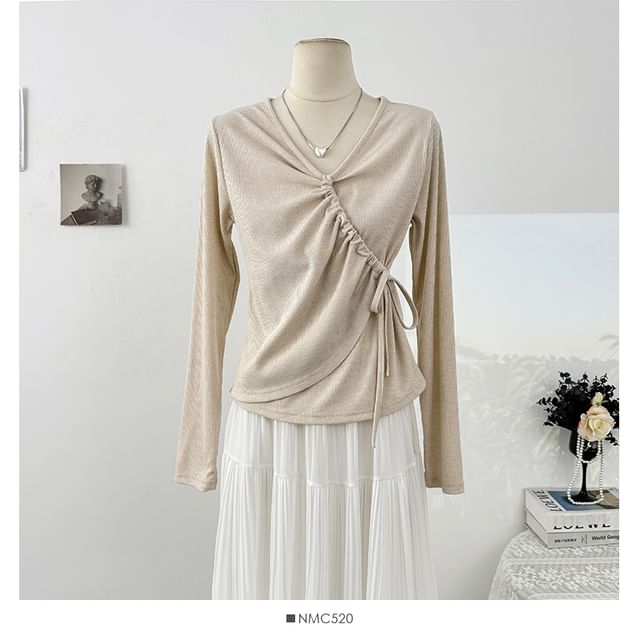 Plain Wrap V-Neck Top, Long-Sleeved