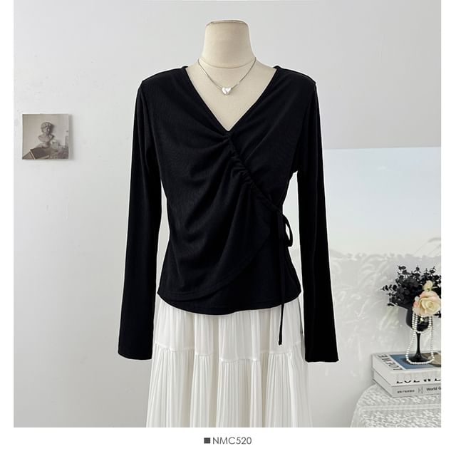 Plain Wrap V-Neck Top, Long-Sleeved