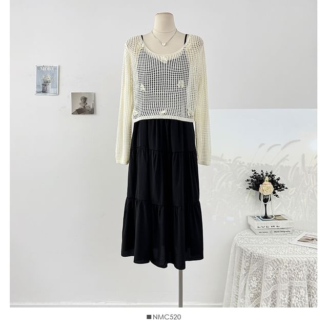 Plain Loose-Fit Maxi Dress & Crochet Knit Top Set, Spaghetti-Strap Long-Sleeved