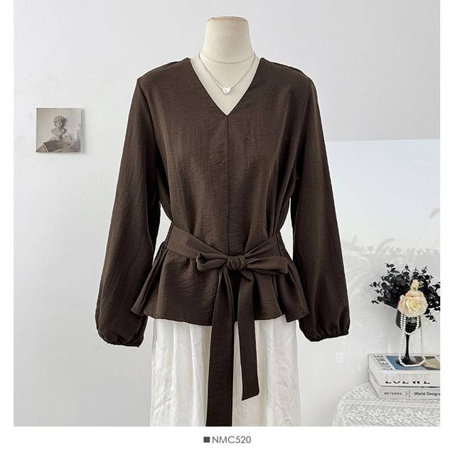 Plain Tie-Waist V-Neck Blouse, Long-Sleeved