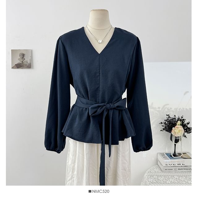 Plain Tie-Waist V-Neck Blouse, Long-Sleeved