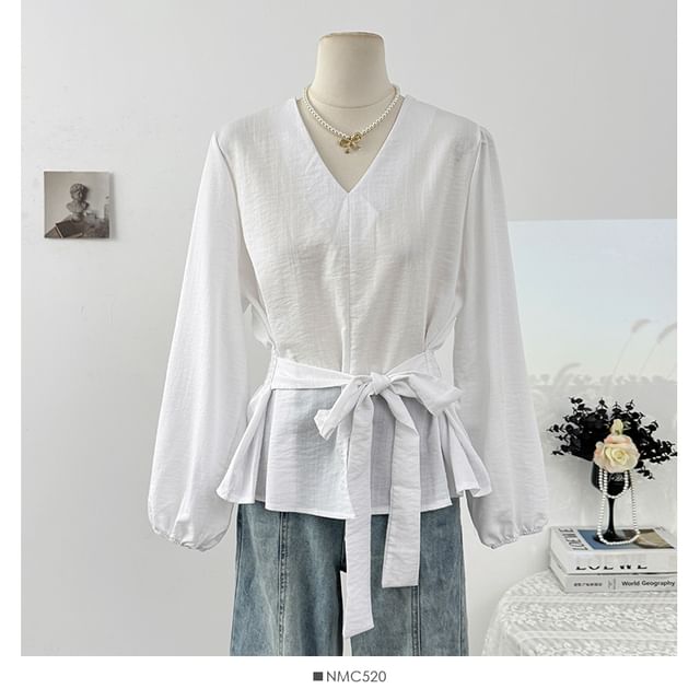 Plain Tie-Waist V-Neck Blouse, Long-Sleeved
