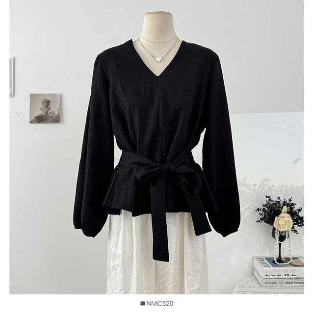 Plain Tie-Waist V-Neck Blouse, Long-Sleeved