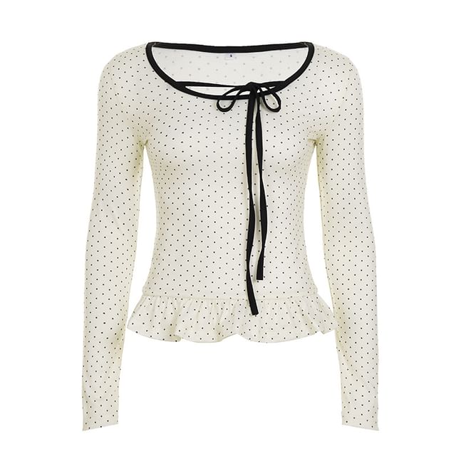 Dotted Ruffled Trim Scoop-Neck Long-Sleeved Tee