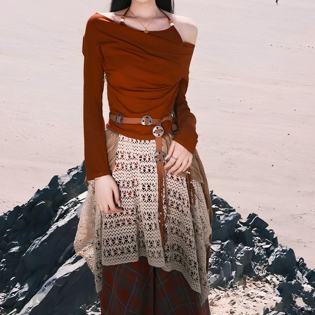 Beaded Cold-Shoulder Tee with Plaid Maxi Skirt and Belt Set