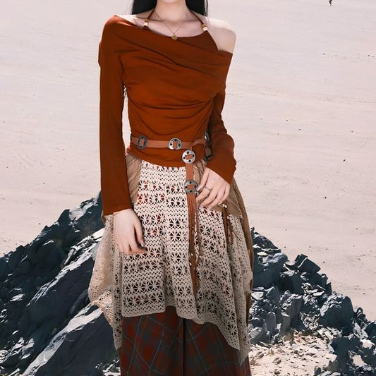 Beaded Cold-Shoulder Tee with Plaid Maxi Skirt and Belt Set