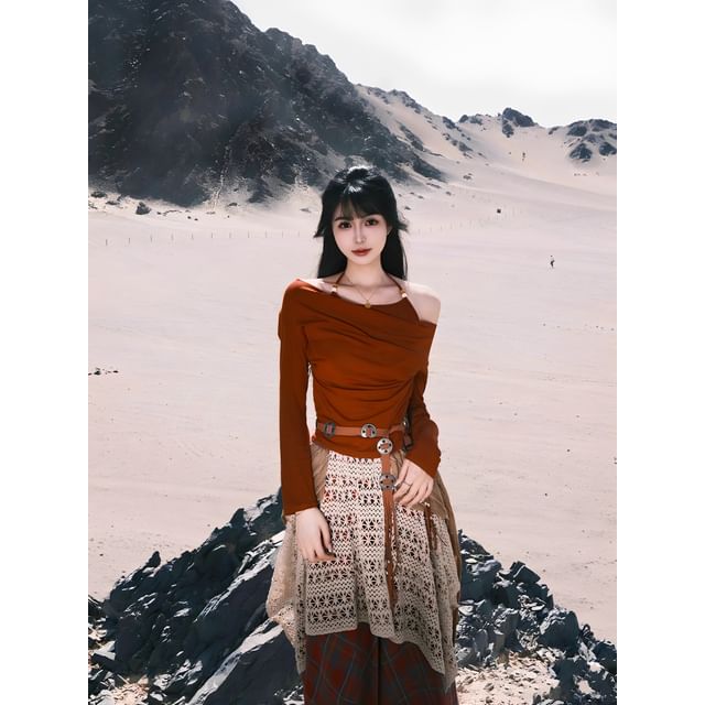 Beaded Cold-Shoulder Tee with Plaid Maxi Skirt and Belt Set